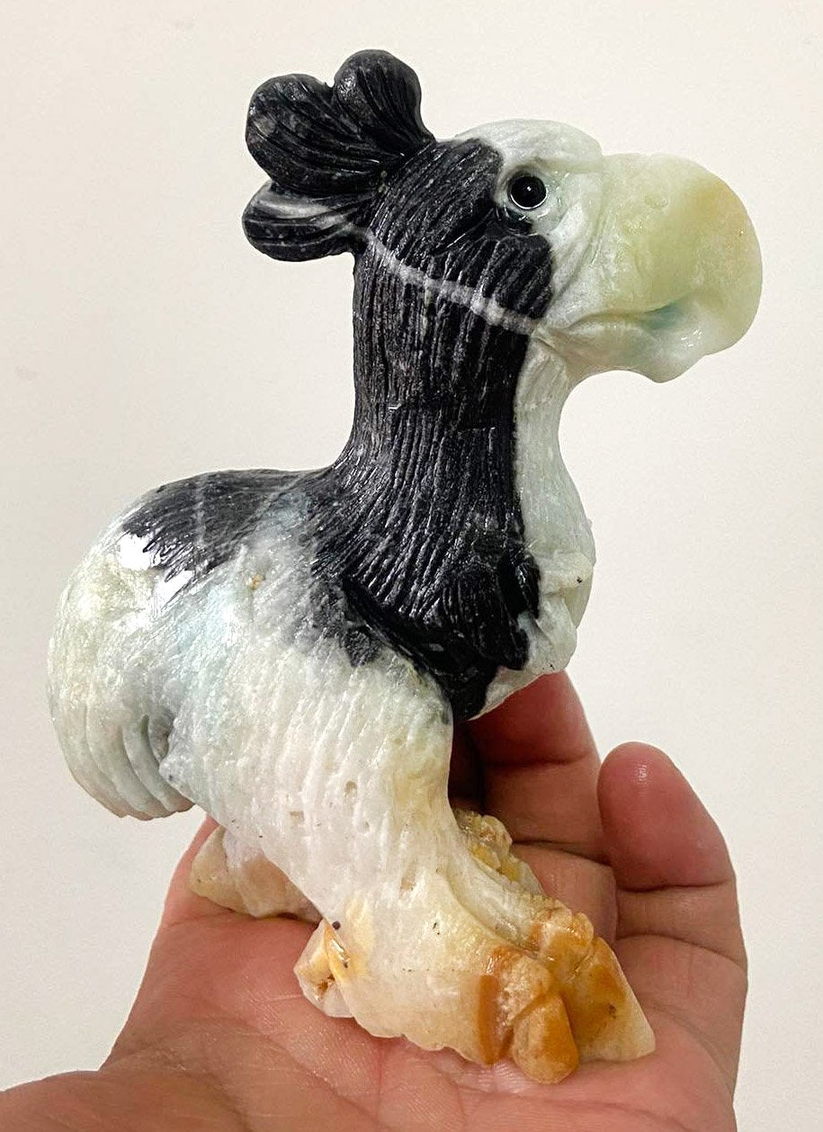 Rare Amazonite Moa Bird with Quartz, Pyrite Crystals, 123.12mm Tall, 335g (Blue, Yellow, Orange, Black, White, Gold)