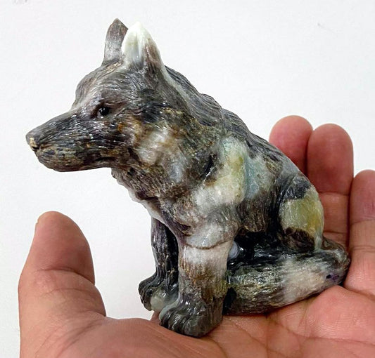 Precious Amazonite Wolf with Geodic Quartz Crystals, 90mm Tall, 279g (Blue, Black, Brown)