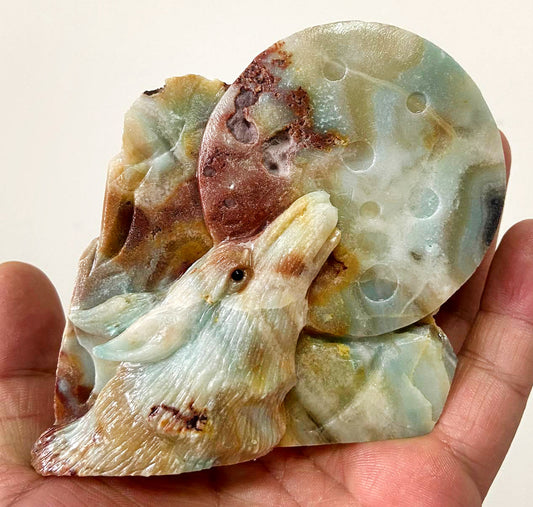 Precious Amazonite Moon Wolf with Geodic Quartz Crystals, 90mm Tall, 379g (Red, Blue, Yellow)