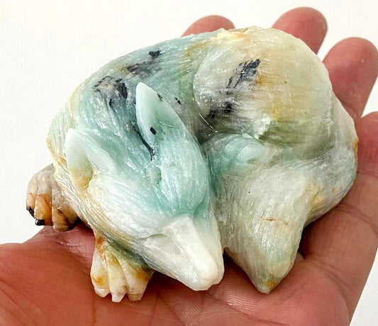 Rare Amazonite Sleeping Fox or Wolf with Geodic Quartz, Pyrite Crystals, 34mm Tall, 260g (Blue, Green, Yellow, White)