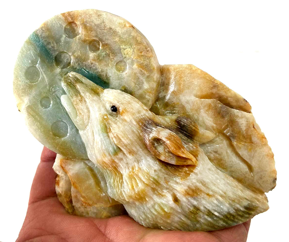 Stunning Amazonite Moon Wolf with Geodic Quartz Crystals, 80mm Tall, 263g (Blue, Yellow, White)
