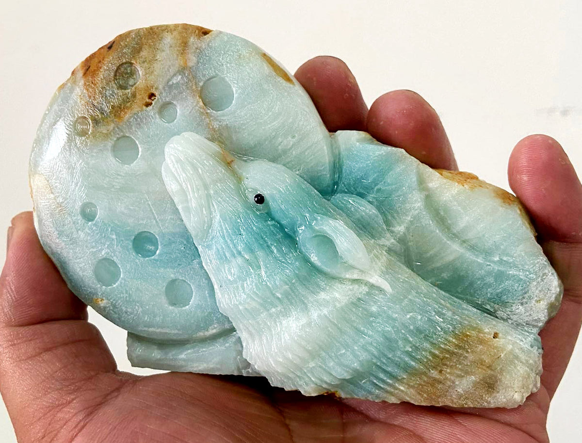 Stunning Amazonite Moon Wolf with Geodic Quartz Crystals, 75mm Tall, 361g (Blue, White, Yellow)