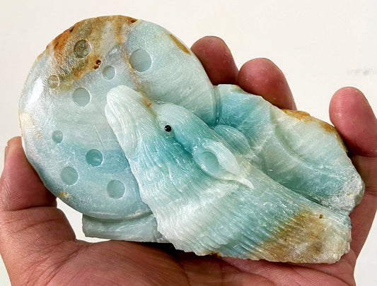Stunning Amazonite Moon Wolf with Geodic Quartz Crystals, 75mm Tall, 361g (Blue, White, Yellow)