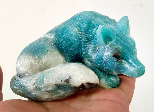 Exquisite Amazonite Sleeping Fox or Wolf with Geodic Quartz Crystals, 55mm Tall, 390g (Blue, Green, White)