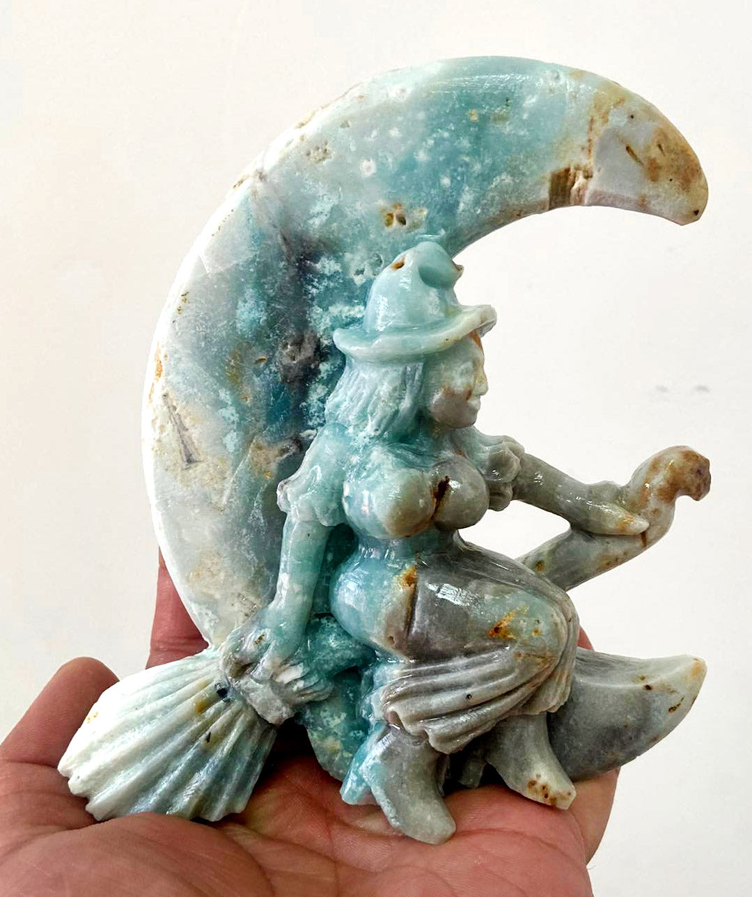 Precious Amazonite Witch with Quartz Crystals, 126mm Tall, 557g (Blue, Green, Yellow)