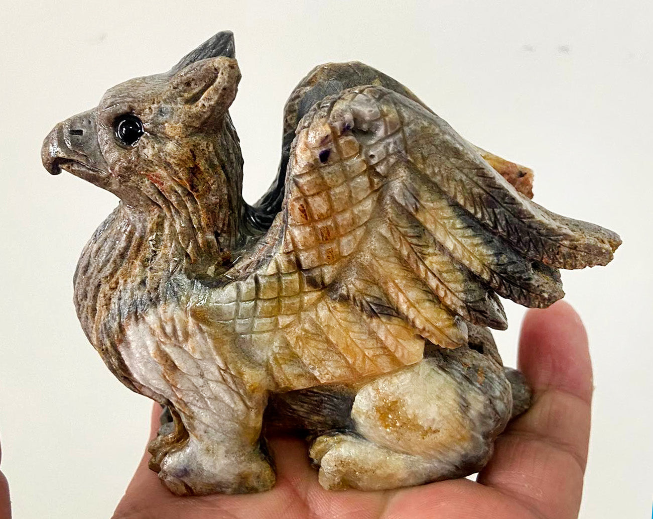 Stunning Amazonite Gryphon with Geodic Quartz Crystals, 80mm Tall, 315g (Orange, Red, Yellow)