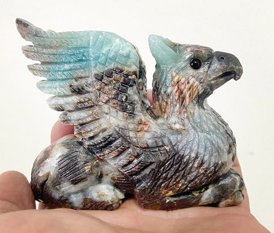 Rare Amazonite Gryphon with Geodic Quartz Crystals, 73mm Tall, 273g (Blue, Green, Brown, Red)