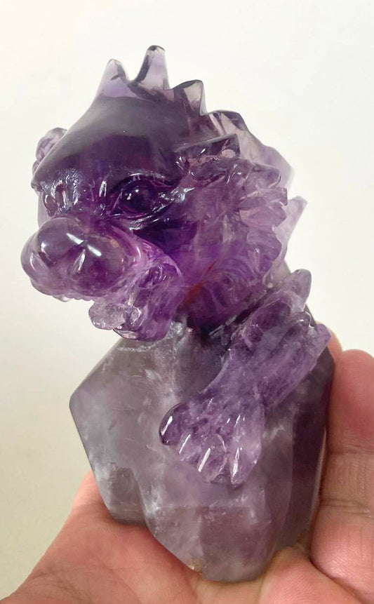 Exquisite Amethyst Lion with Solid Crystals, 112mm Tall, 475g (Purple, Clear)