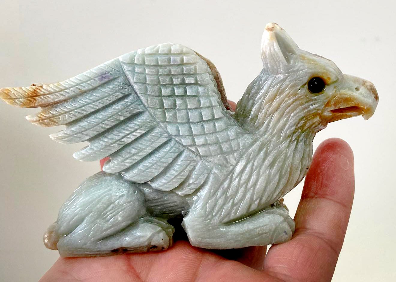 Rare Amazonite Gryphon with Geodic Quartz Crystals, 64mm Tall, 240g (Blue, Orange, Red, White)