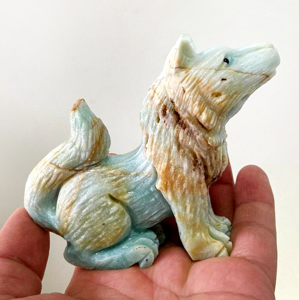 Rare Amazonite Wolf with Geodic Quartz Crystals, 85mm Tall, 227g (Blue, Red, Orange)