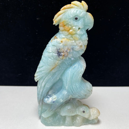 Rare Amazonite Parrot with Geodic Quartz Crystals, 112.48mm Tall, 351g (Blue, Green, Yellow, Orange)