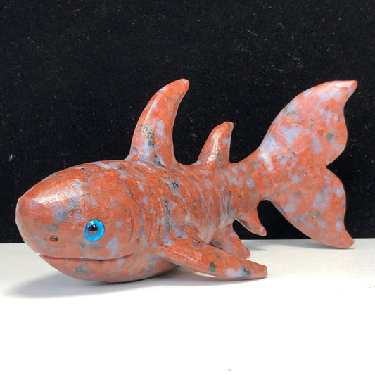 Stunning Rhyolite Shark with Quartz Inclusion Crystals, 74mm Tall, 295g (Red, Brown, Clear)