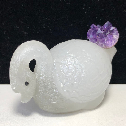 Unusual Dolomitic Marble Swan with Amethyst Crystals, 45mm Tall, 198g (White, Purplee)