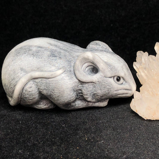 Rare Zebra Calcite Mouse, 36mm Tall, 127g (Gray, White)