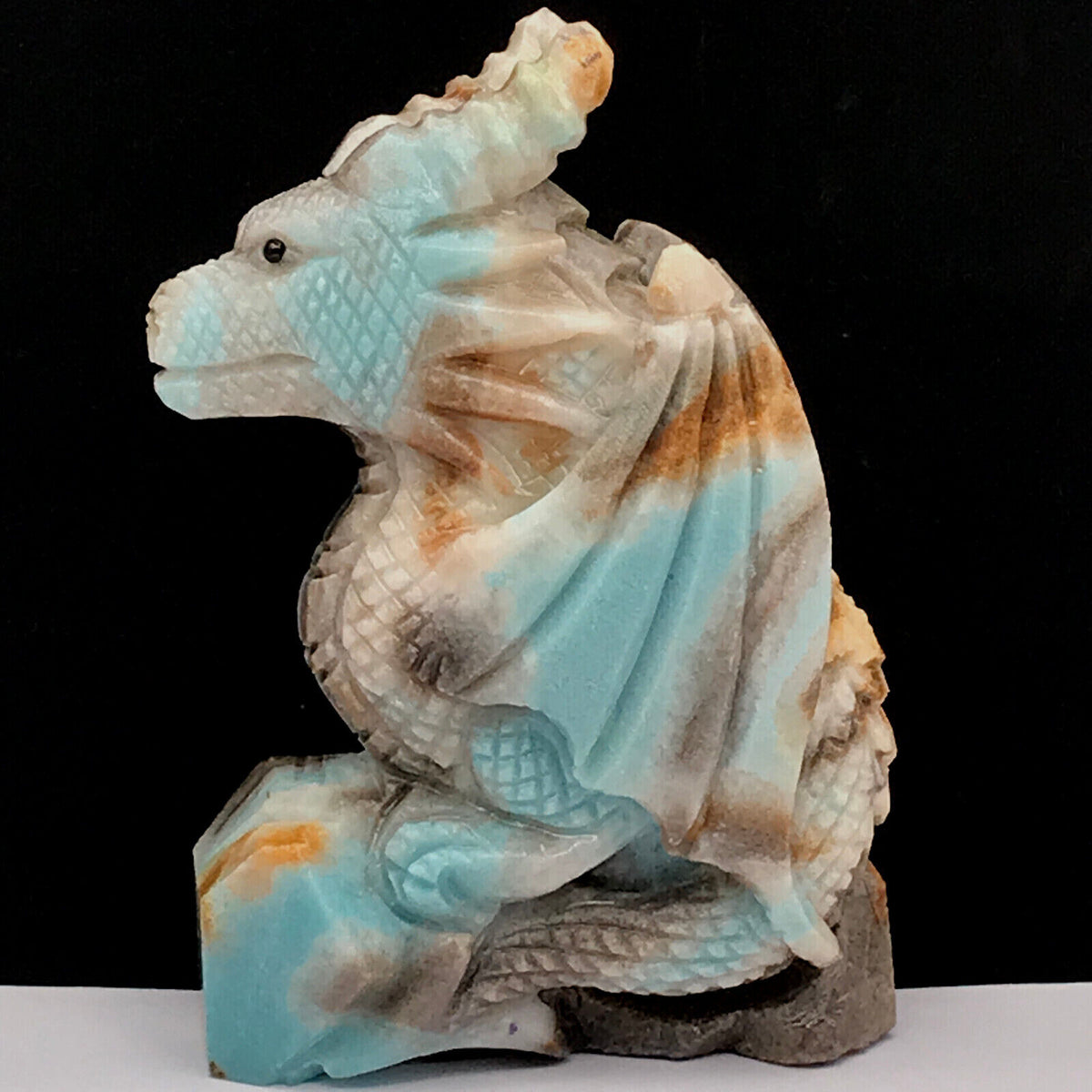 Rare Amazonite Wyvern with Geodic Quartz Crystals, 98mm Tall, 271g (Blue, Green, Orange, White)