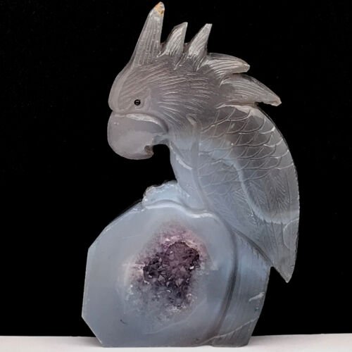 Precious Agate Parrot with Amethyst Crystals, 133mm Tall, 316g (Purple, Clear)