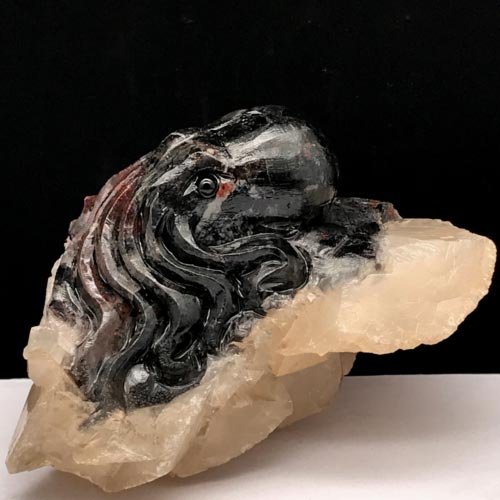 Stunning Calcite Octopus with Calcite & Druzy Quartz Crystals, 63mm Tall, 297g (Black, Red, White)