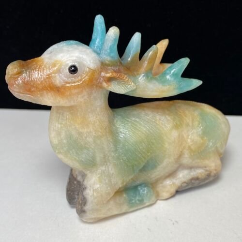 Precious Amazonite Deer with Geodic Quartz Crystals, 85mm Tall, 238g (Yellow, Blue, Green)