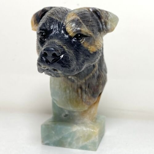 Rare Amazonite Boxer Dog with Geodic Quartz Crystals, 80mm Tall, 205g (Blue, Yellow, Black)