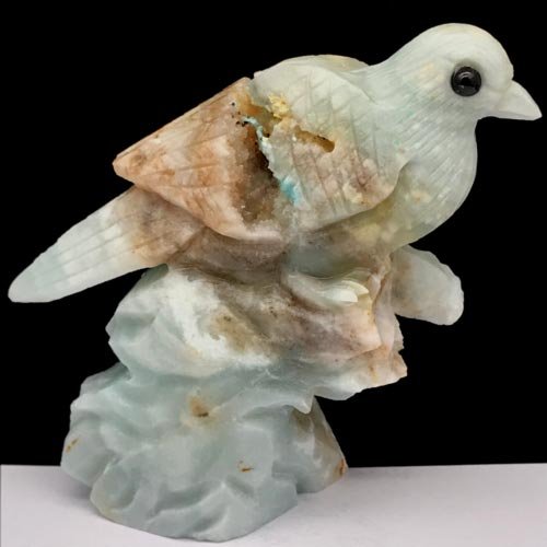 Stunning Amazonite Bird with Geodic Quartz Crystals, 81mm Tall, 206g (Pale Blue, Tan)