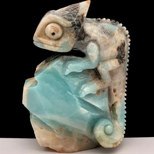 Rare Amazonite Chameleon with Geodic Quartz Crystals, 103mm Tall, 347g (Blue, Brown, White, Gray)