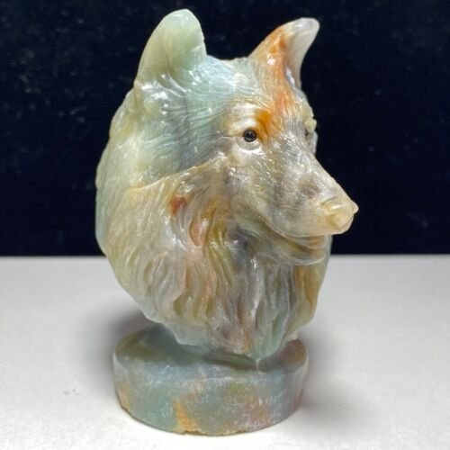 Stunning Amazonite Collie Dog with Geodic Quartz Crystals, 75mm Tall, 208g (Blue, Orange, Red)