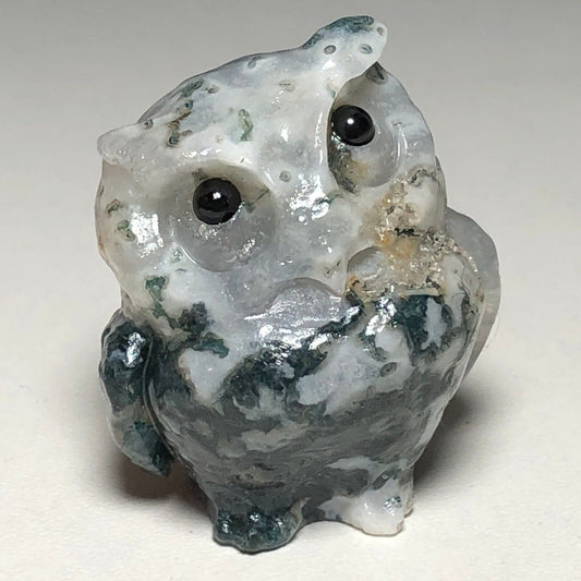 Rare Stone Horned Owl, 34mm Tall, 29g (Gray, Blue, White)