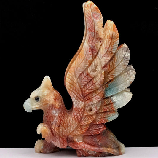Precious Amazonite Gryphon with Geodic Quartz Crystals, 92mm Tall, 235g (Blue, Yellow, Black, White, Brown)