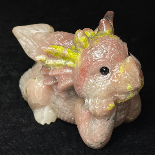 Rare Serpentine Jade Anthro Dragon Whelp, 56mm Tall, 368g (Pink, Red, Yellow)