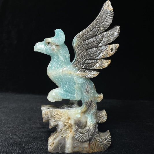 Precious Amazonite Phoenix, 153mm Tall, 314g (Gray, Blue, White)