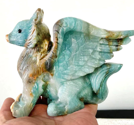 Exquisite Amazonite Winged Fox with Geodic Quartz, Pyrite Crystals, 116mm Tall, 739g (Blue, Green, Orange, White, Brown)