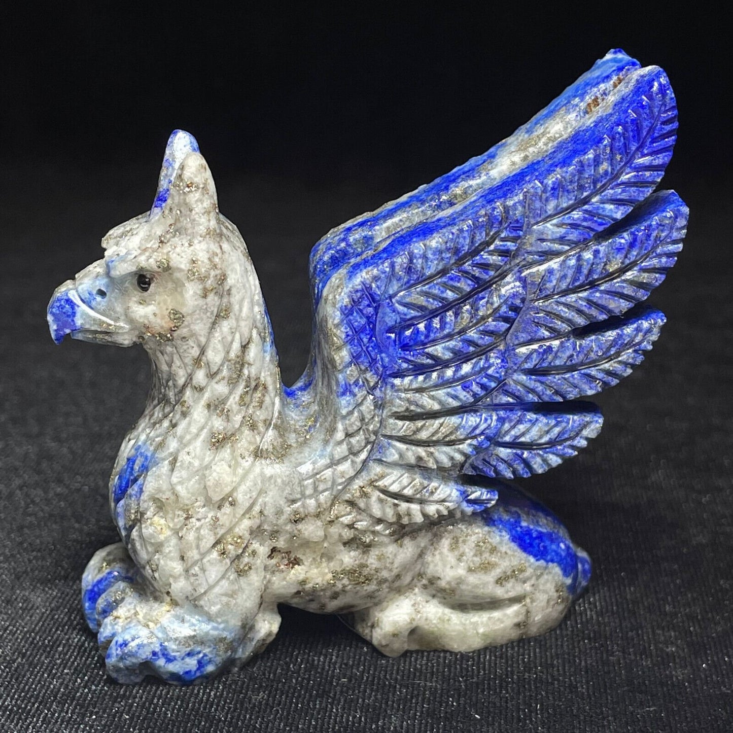 Rare Lapis Lazuli Gryphon with Pyrite Crystals, 70mm Tall, 160g (Gray, Blue, Black)