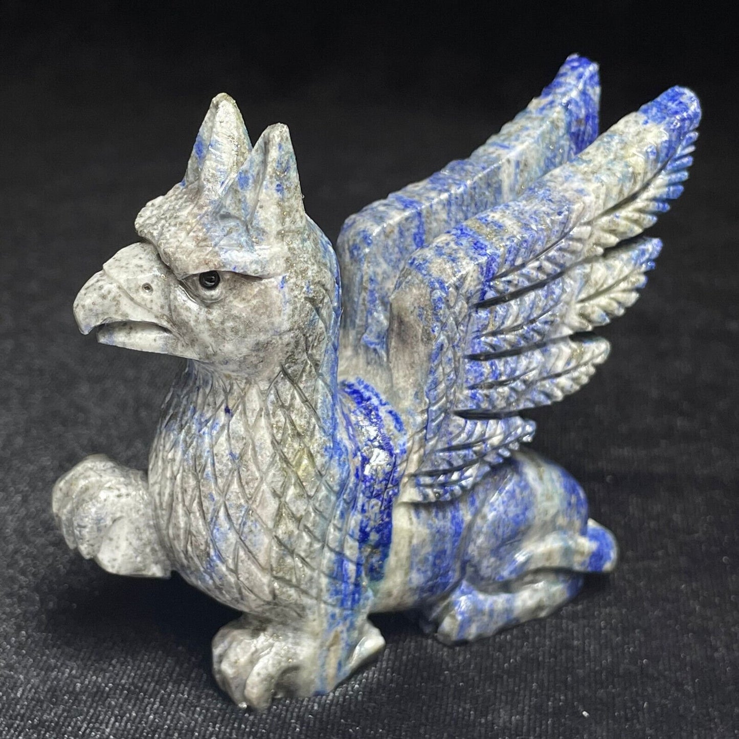 Rare Lapis Lazuli Gryphon with Pyrite Crystals, 66mm Tall, 133g (Gray, Blue, Black)