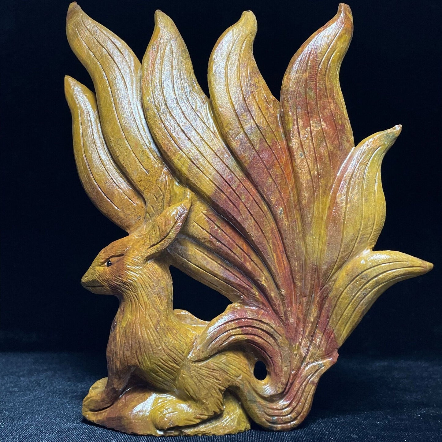 Stunning Marine Jasper Kitsune, 177mm Tall, 515g (Yellow, Red, Orange)