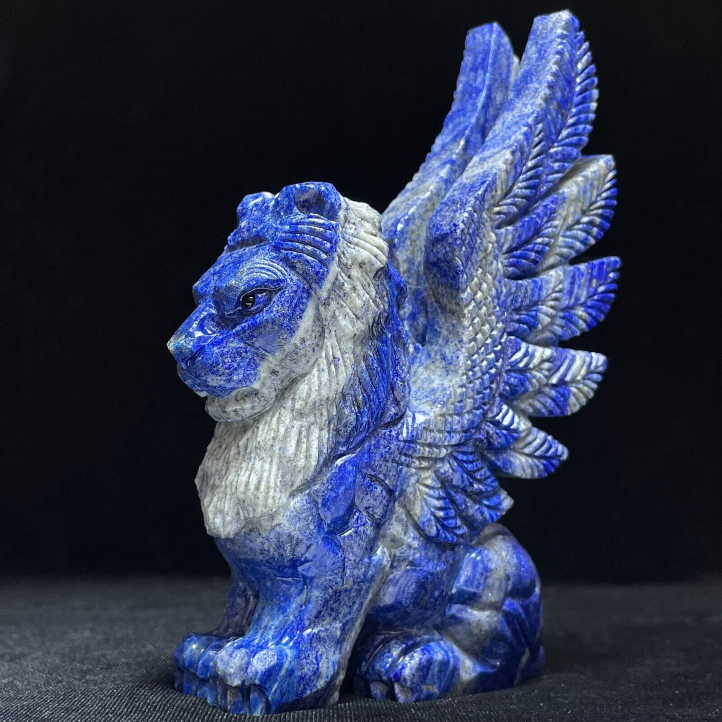 Stunning Lapis Lazuli Winged Winged Lion with Pyrite Crystals, 121mm Tall, 412g (Blue, White, Gold)