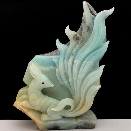 Stunning Amazonite Kitsune, 144mm Tall, 621g (Yellow, Blue, Gray)