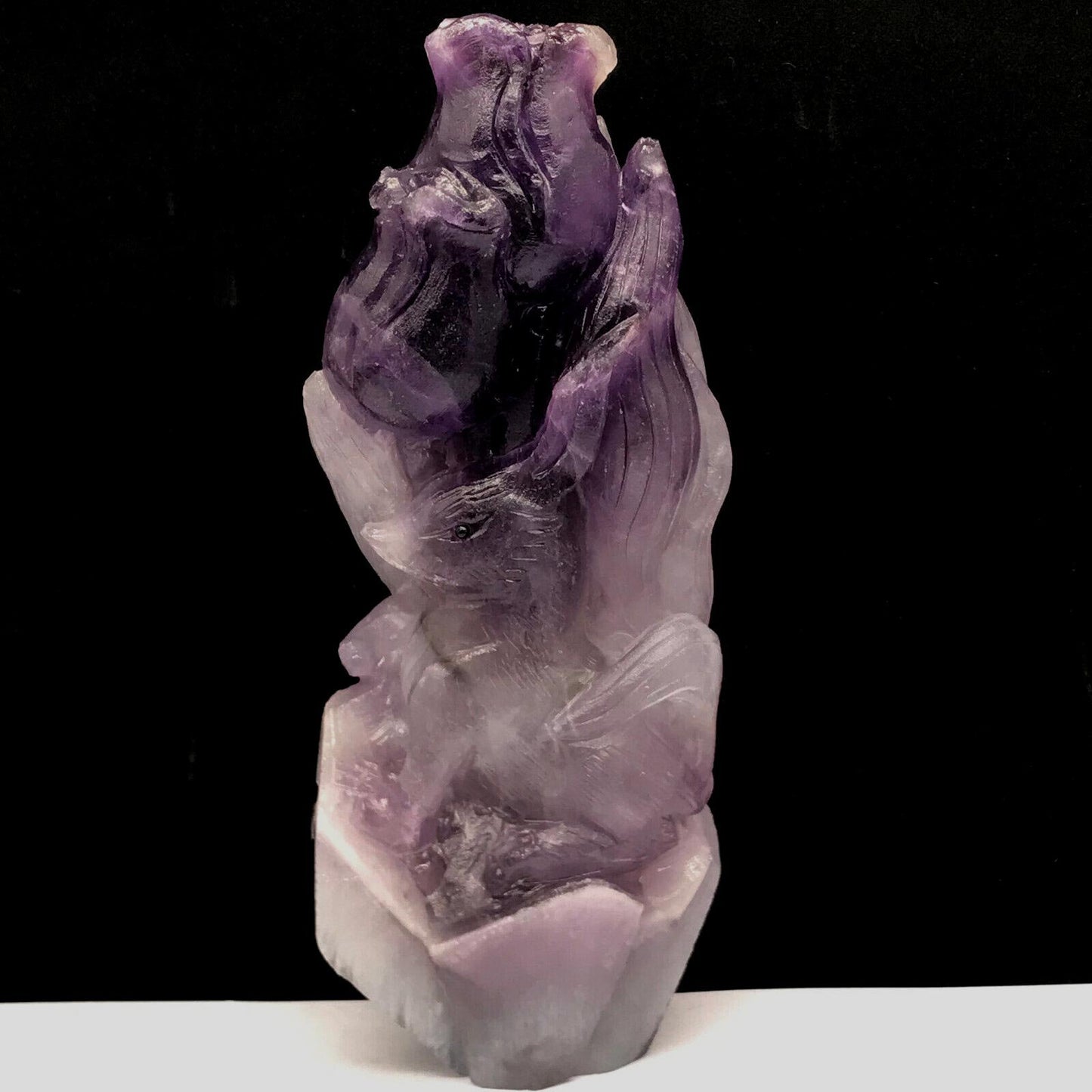 Stunning Amethyst Kitsune with Solid Crystals, 158mm Tall, 525g (Purple, Clear, White)