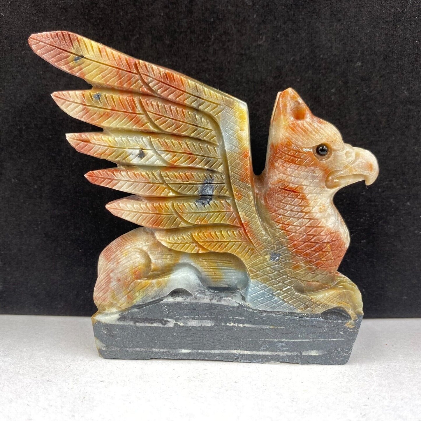 Precious Amazonite Gryphon with Galena Crystals, 99mm Tall, 399g (Orange, Red, Brown, Blue, Silver)