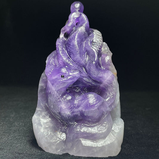 Precious Amethyst Kitsune with Solid Crystals, 121mm Tall, 460g (Purple, Clear, White)