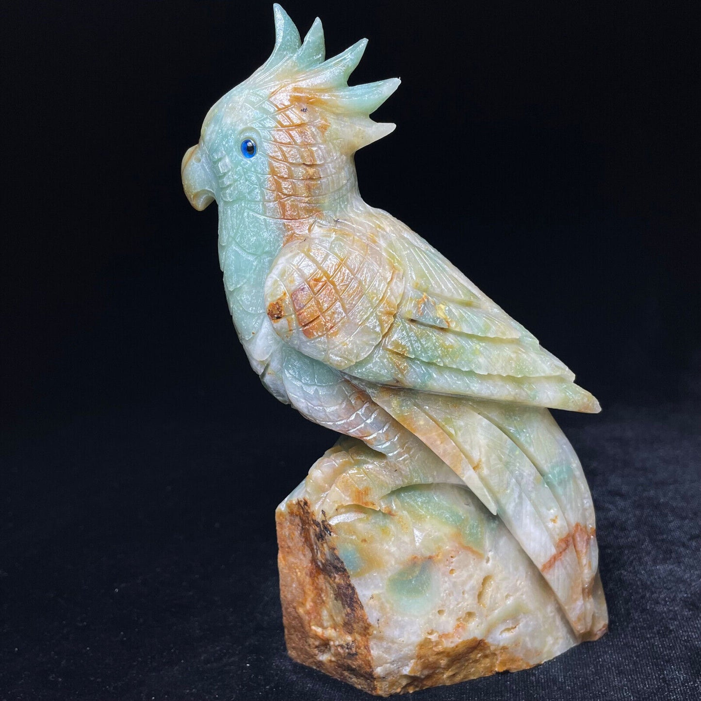 Stunning Amazonite Parrot with Druzy Quartz Crystals, 156mm Tall, 649g (Blue, Brown, Yellow)