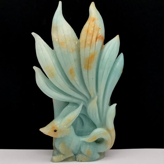 Rare Amazonite Kitsune with Quartz Inclusion Crystals, 135mm Tall, 394g (Blue, Yellow, Brown)