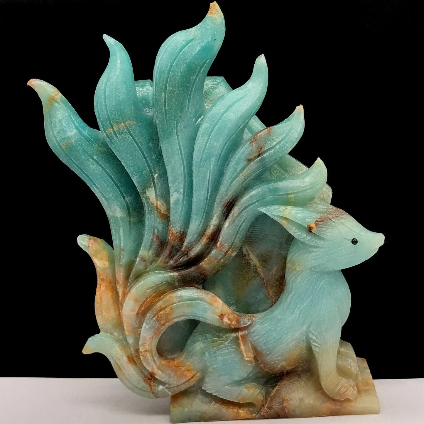 Rare Amazonite Kitsune with Geodic Quartz Crystals, 146mm Tall, 557g (Blue, Green, Brown)