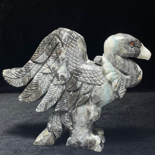 Stunning Amazonite Vulture with Geodic Quartz Crystals, 86mm Tall, 354g (Blue, White, Black, Gray)