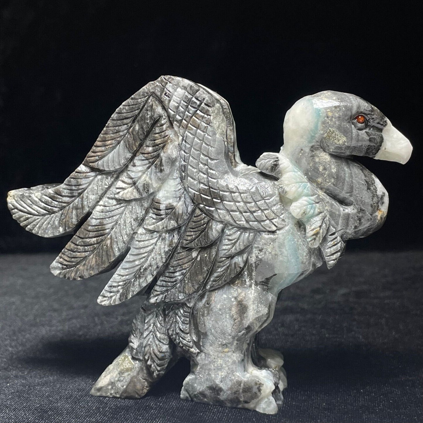 Stunning Amazonite Vulture with Geodic Quartz Crystals, 86mm Tall, 354g (Blue, White, Black, Gray)