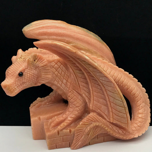 Exquisite Pink Dolomite Marble Dragon with Geodic Quartz Crystals, 120mm Tall, 1013g (Orange, Yellow, Black)
