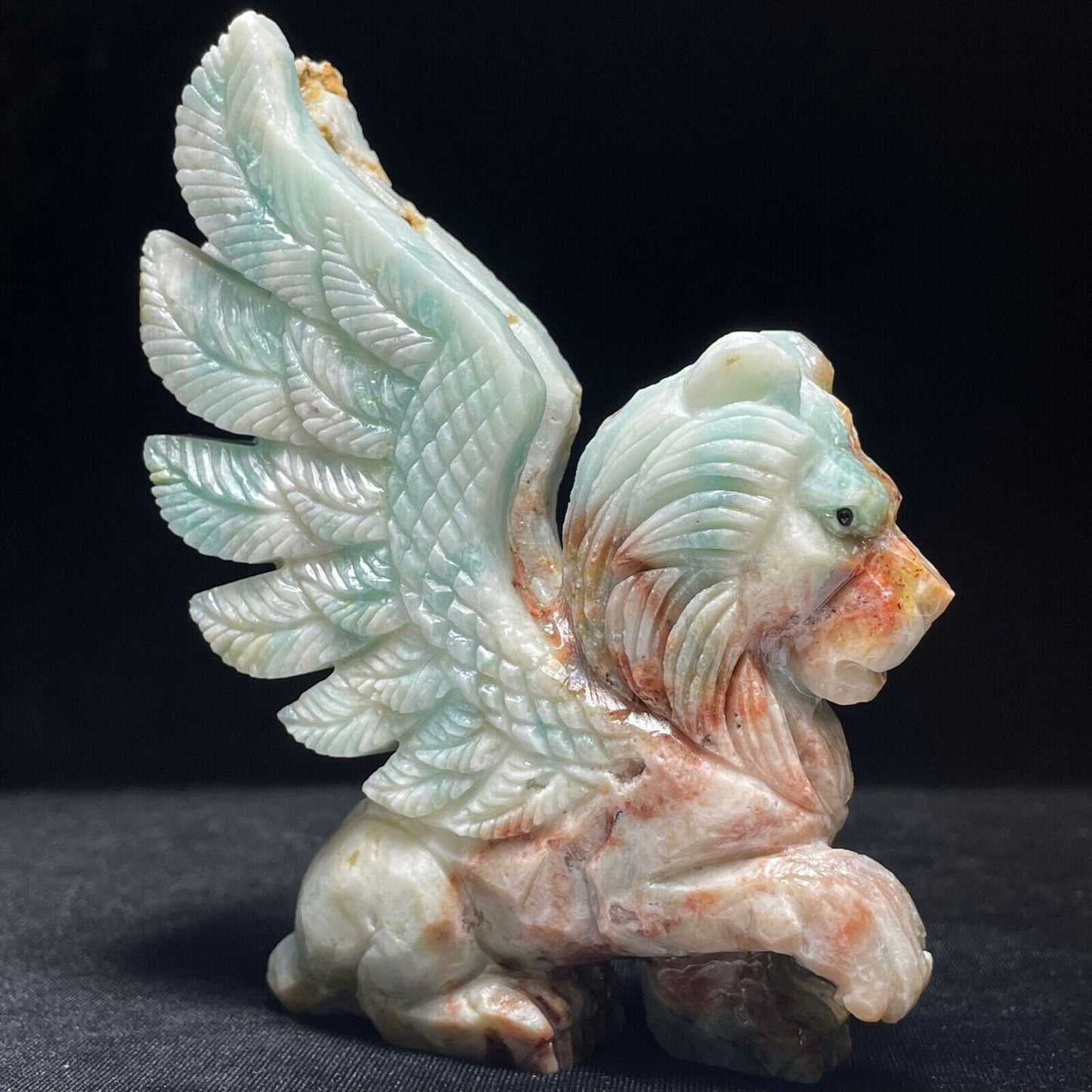 Stunning Amazonite Winged Lion with Geodic Quartz Crystals, 113mm Tall, 376g (Blue, Red, Pink, Green)