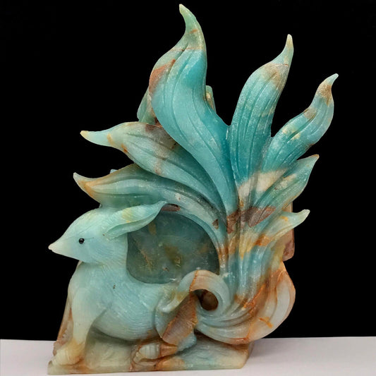 Stunning Amazonite Kitsune with Geodic Quartz, Pyrite Crystals, 153mm Tall, 693g (Blue, Orange, Green, Yellow, Gold)