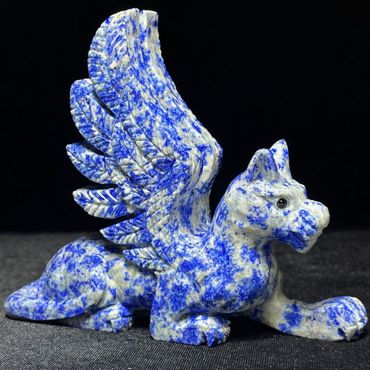 Rare Lapis Lazuli Winged Leopard with Pyrite Crystals, 106mm Tall, 336g (Blue, White, Gold)