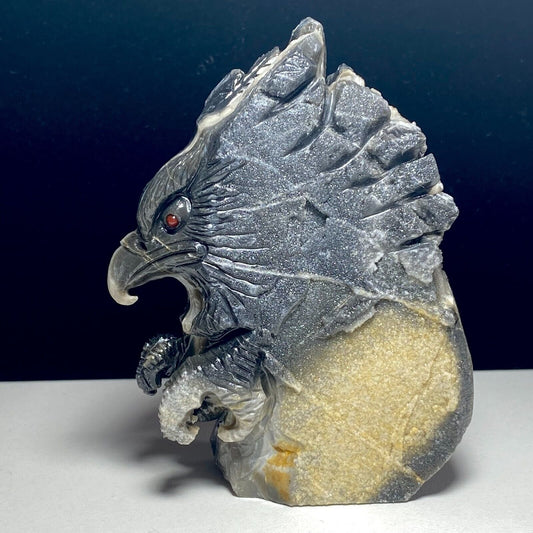 Rare Sphalerite Eagle with Druzy Quartz Crystals, 97mm Tall, 273g (Black, Gray, Brown)