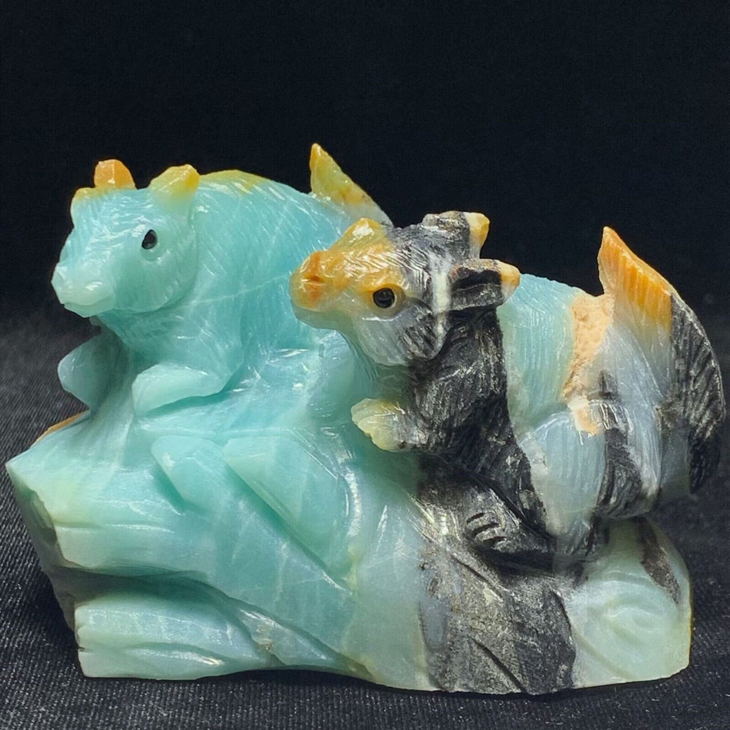 Precious Amazonite Squirrel with Geodic Quartz Crystals, 63mm Tall, 391g (Blue, Green, Orange, Black, Gold)